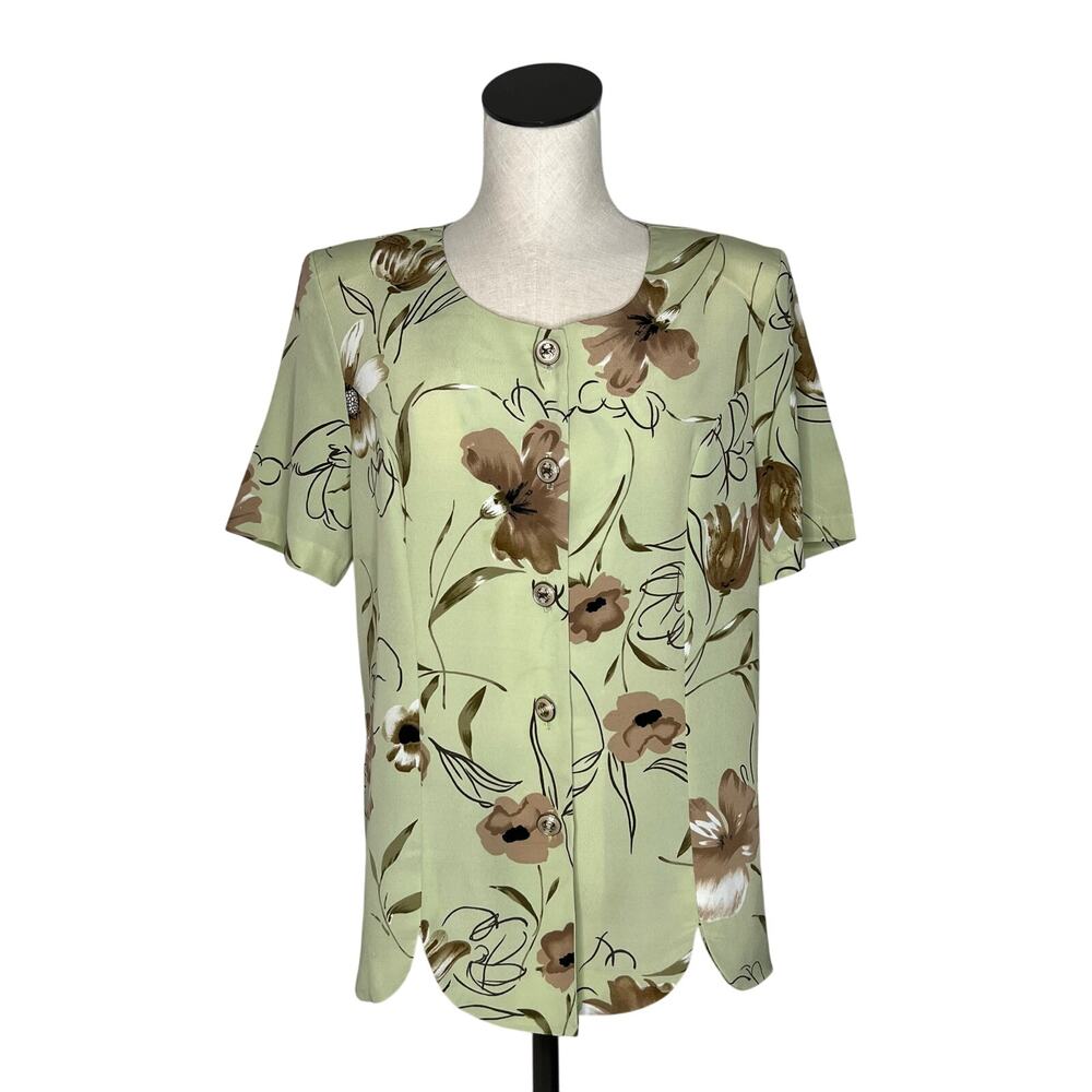 80’s Vintage Erica sage green floral button down top Size XL